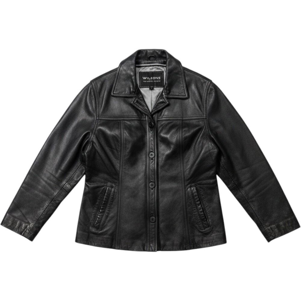 Wilsons Leather Jacket Women L Black Good Button Front Pebbled Genuine Leather